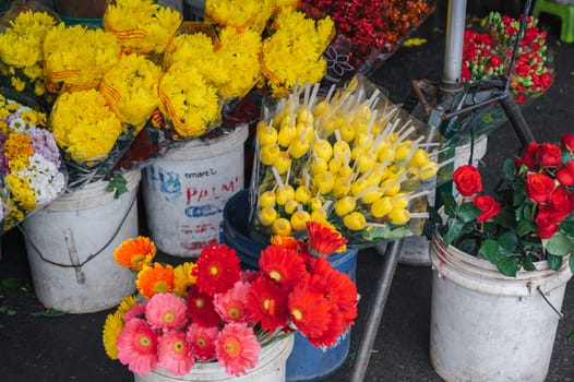 Many different kinds of flowering selling at the Flower market. Nha Trang, Vietnam - December 13, 2024.
