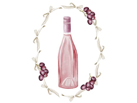 Wine bottle watercolor. Hand drawn pink alcoholic drink in glass in a frame of bows and grapes. Clip art of drink. Ideal for advertising posters of bar and restaurant menu. High quality illustration