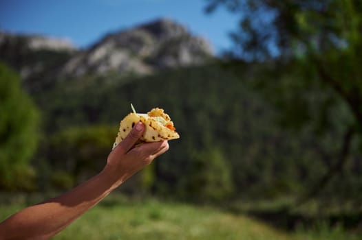 A close-up of a hand holding a taco in a natural outdoor setting with trees and mountains in the background. Ideal for themes of picnics, food, and enjoying nature.