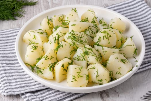 Cooked potatoes are served warm, sprinkled with fresh dill on a white plate. The cozy kitchen layout creates a welcoming atmosphere, emphasizing the simple dish.