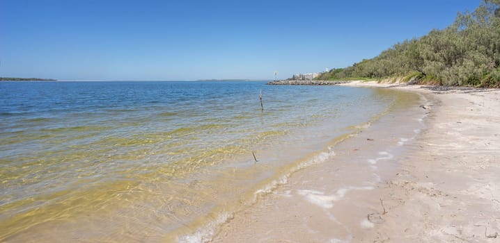 On the sand at Golden Beach looking across Pumicestone Passage towards the new Caloundra bar which formed following a tidal breakthrough at Bribie Island