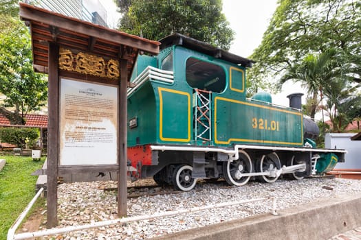 Kuala Lumpur, Malaysia - March 1, 2025: Small steam locomotive 321.01 displayed at the National Museum, or Muzium Negara