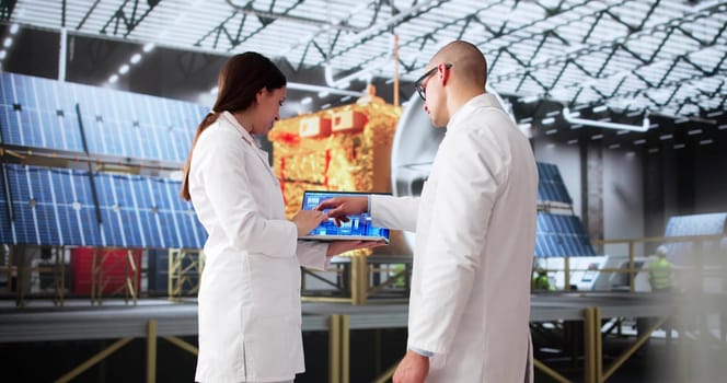 Aerospace Engineer And Scientist Doing Satellite Research Work Together In Workshop.