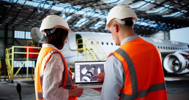 Mechanical Engineer Inspects A Jet Engine At The Airport Hangar.