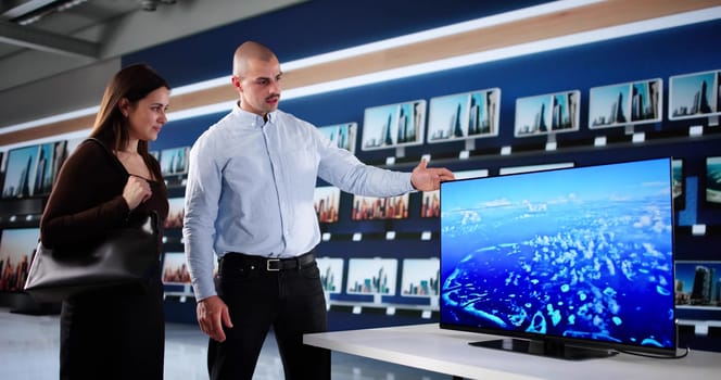 Man In Smart TV Store Showroom Advising Couple On Appliances