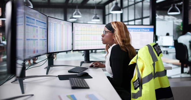 Police Woman Monitoring Screens In Call Center Office For Traffic