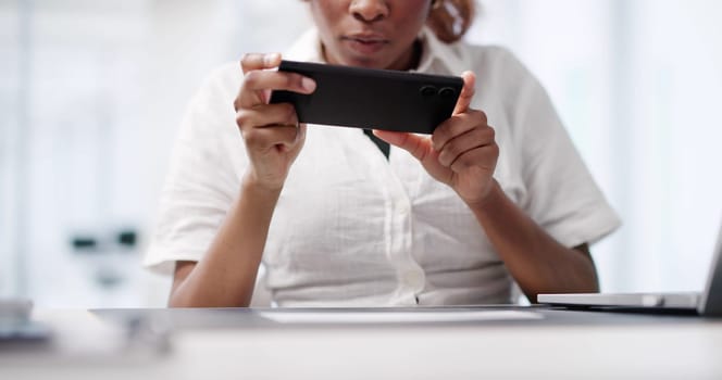 Businesswoman Scanning Invoice Document With Mobile Phone For OCR Data.