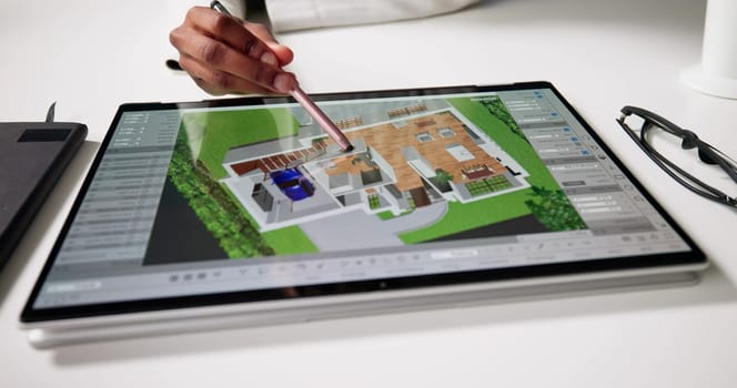 Female Real Estate Agent Design House Plan On Tablet Computer.