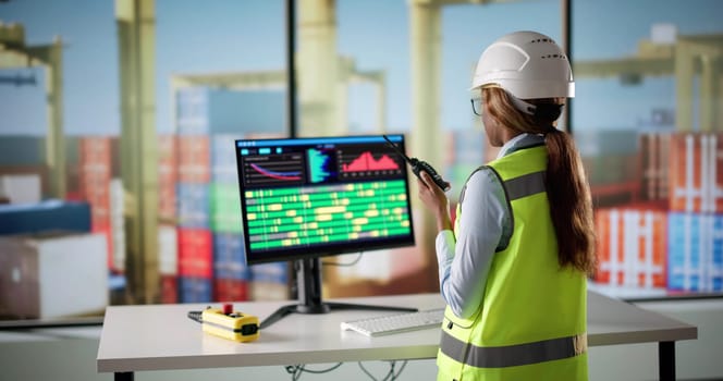 Young African American Woman Using PC To Manage Cargo Trade.