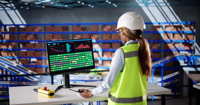 Efficient Warehouse Manager Inspecting Automation Equipment In Package Center