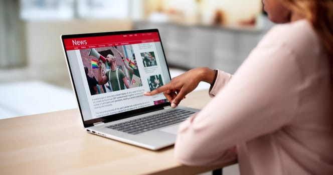 Black Journalist Woman Reads News Article On Laptop At Home