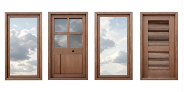 Set Four Wooden Window Frames Shutters Isolated Transparent Background Rustic Weathered Vintage Architecture Element Exterior Louvered Brown Classic Old Collection.