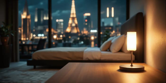 Bedroom Interior Bed Lamp Blurred Background Bokeh Lights Nightstand Cozy Hotel Room Defocused Scene Warm Glow Soft Focus Relaxation Comfort.