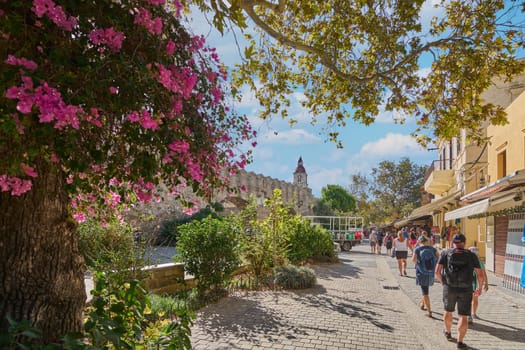Rodas.Greece - june 01, 2025: A charming cobbled street lined with lively pink bougainvillea and ancient stone walls, leading towards the distant historic Palace of the Grand Masters, with people