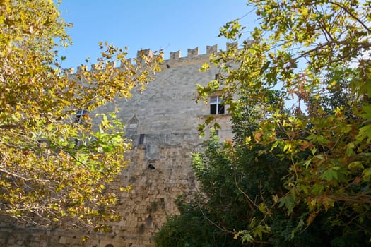 A serene outdoor scene featuring the ancient Grossmeisterpalast, where sunlight filters through overhead trees, casting dappled shadows on its historic walls, blending nature and history.