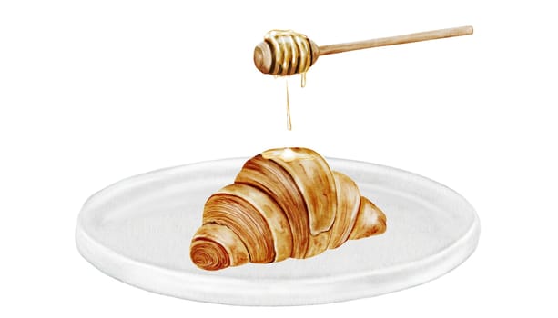 Croissant on a white plate watercolor illustration. Hand drawn fresh french bun with honey stick and drops. Food clip art. Ideal for bakery prints, postcards and pastry shop posters. High quality illustration