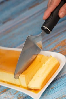 Cream caramel pudding with caramel sauce on a plate, Flan, High quality photo
