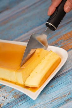 Cream caramel pudding with caramel sauce on a plate, Flan, High quality photo