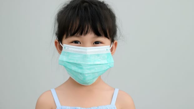 A close-up portrait features a young child with dark hair, looking directly at the camera while wearing a light blue disposable medical face mask that covers their nose and mouth against a plain, light grey background. AI generated.