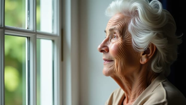 A close-up profile shot features an elderly woman with soft white hair and visible wrinkles, gazing thoughtfully out of a multi-pane window with a blurred green background, possibly at home.