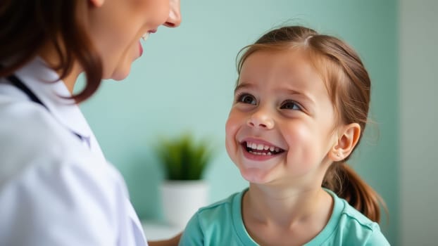 A warmly lit, close-up shot captures a cheerful young girl with a ponytail, dressed in a turquoise top, smiling broadly at a blurred figure in a white lab coat, likely a doctor, against a light green wall. AI generated.