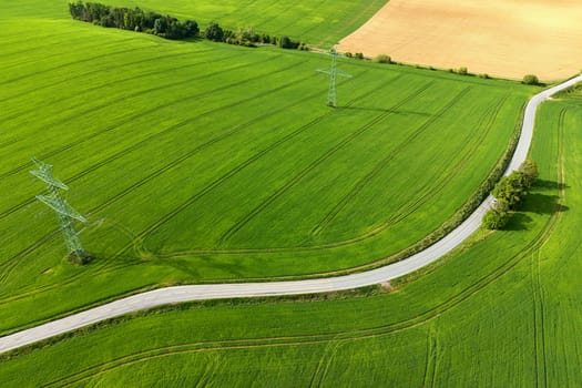 Road with cars between green fields from above - view of nature from a drone. Beautiful landscape concept suitable for transportation, agriculture and environment.