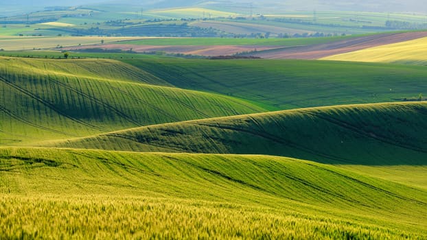Beautiful spring landscape with field, hills and sunset. Czech Republic - South Moravia (Moravian Tuscany.) Concept for agriculture, travel, environment and nature..