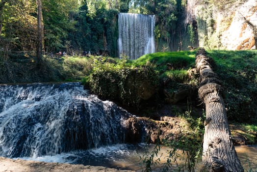 Discover the serene beauty of Monasterio de Piedra with two cascading waterfalls, a fallen tree resting along the riverbank, and lush vegetation surrounding the picturesque scene.