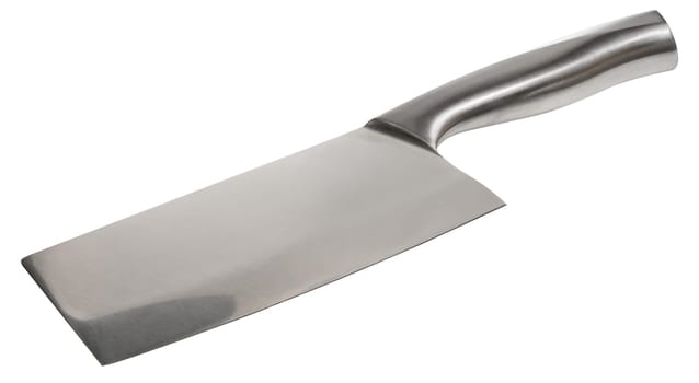 Kitchen knife cleaver with wide blade and metal handle. Close-up of knife on isolated background