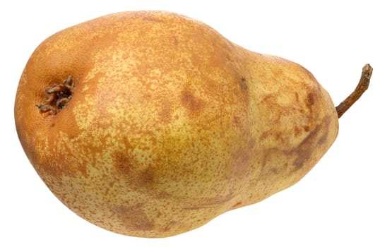 Ripe yellow pear with a characteristic shape and brown spots on the skin. Close-up of the fruit on an isolated background, Conference pear variety