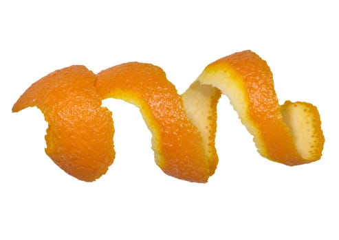 Twisted strip of orange peel on isolated background, top view