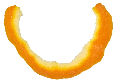 Close-up of a long strip of orange peel on a white background
