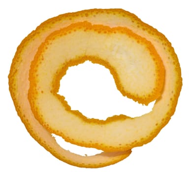 Twisted strip of orange peel on isolated background, top view
