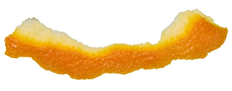 Close-up of a long strip of orange peel on a white background