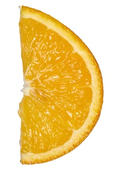 A slice of bright orange orange with visible segments of pulp and thin peel. Close-up of a citrus slice on an isolated background