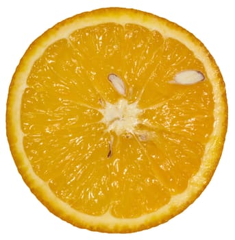 A round cross-section of a bright orange orange with segments and several seeds visible. Close-up of the fruit on an isolated background