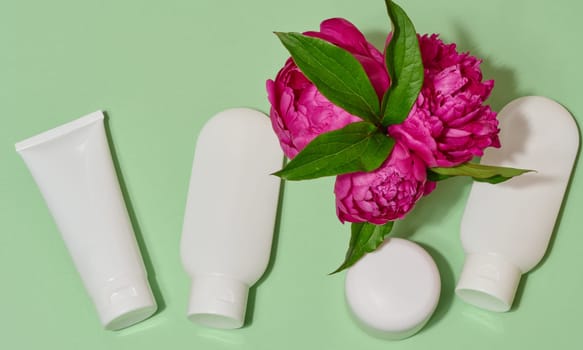 Top view of cosmetic tubes without labels in white packaging and pink peonies with green leaves, light green background
