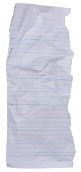 Close up of a crumpled, torn sheet of white lined paper with blue lines, isolated background