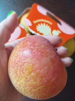 A person holds a ripe, colorful fruit in their hand, showing its texture and vibrant appearance. The background reveals a bright, patterned package indicating freshness and quality.