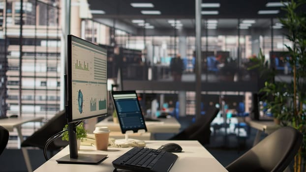 Luxurious business environment used in corporate culture and the industry, office space equipped with professional high tech tools and cubicles. Executive power in a modern company headquarters.