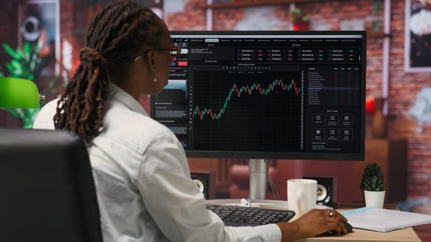 Day trader using PC to purchase and sell stocks, reading files, aiming to capitalize on market trends and fluctuations. Investor tracking stock forex trends on computer monitor, camera B