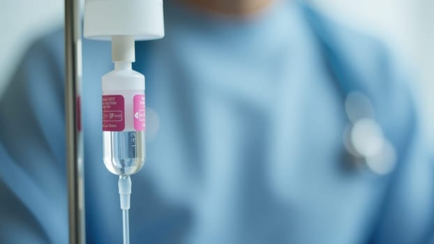 An eye-level shot captures a transparent IV bag filled with saline solution, suspended from a chrome stand, with a blurred person in blue scrubs in the background, suggesting a medical setting.