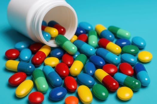 Colorful Pills Spilled from White Bottle on Blue Background