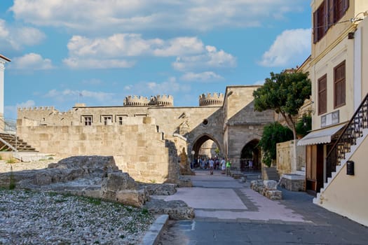 Rodas.Greece - june 02, 2025: Majestic Palace of the Grand Master of the Knights of Rhodes, a stunning medieval landmark, historical stone architecture under a clear blue sky.