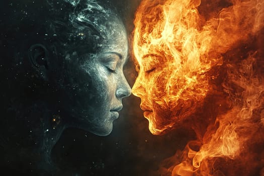 Substances of water and fire in the form of a silhouette of a woman. Opposites. Psycho-emotional health.