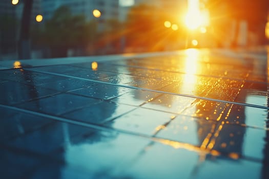 The setting sun is reflected in the windows of a modern office building. Abstract background.