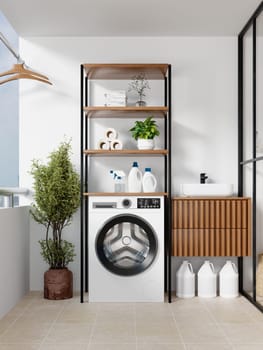 A modern laundry space that highlights a sophisticated washing machine and organized decorative elements for style and function.