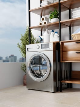 An elegant laundry space that combines a sleek washing machine with wooden shelving and fresh decorative plants.