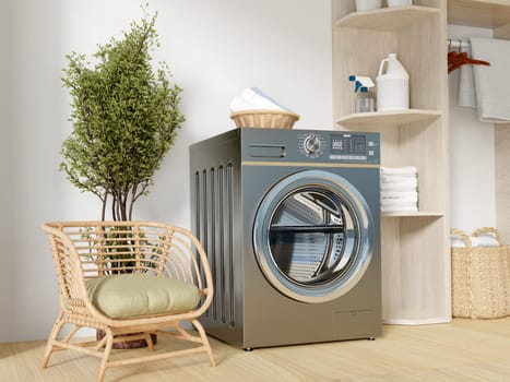 This contemporary laundry space showcases a modern washing machine complemented by cozy seating and minimalist decor.
