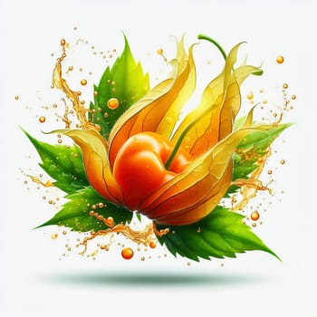 Physalis fruits with bright orange lanterns and green leaves, wrapped in drops of water. Dynamic, fresh, perfect for nature and food marketing.
